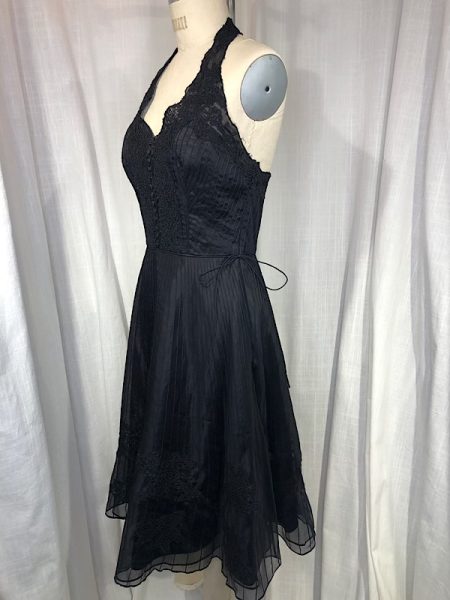 la boudoir miami vintage inspired 1950s jill stuart black lace and pleated tuxedo halter dress (1)