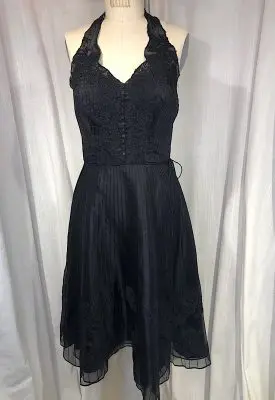 la boudoir miami vintage inspired 1950s jill stuart black lace and pleated tuxedo halter dress (1)