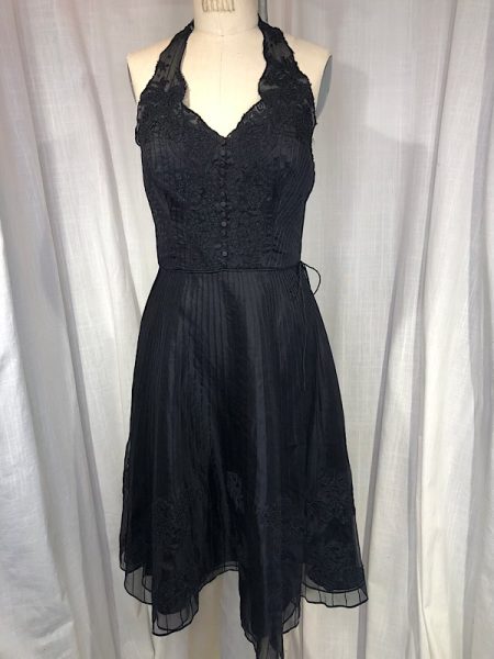 la boudoir miami vintage inspired 1950s jill stuart black lace and pleated tuxedo halter dress (1)