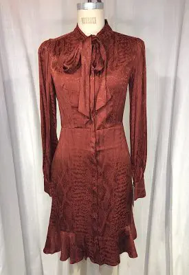 la boudoir miami vintage inspired 1970s brown snake print long sleeve dress with tie at neck (1)