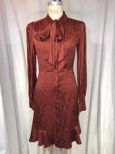 la boudoir miami vintage inspired 1970s brown snake print long sleeve dress with tie at neck (1)