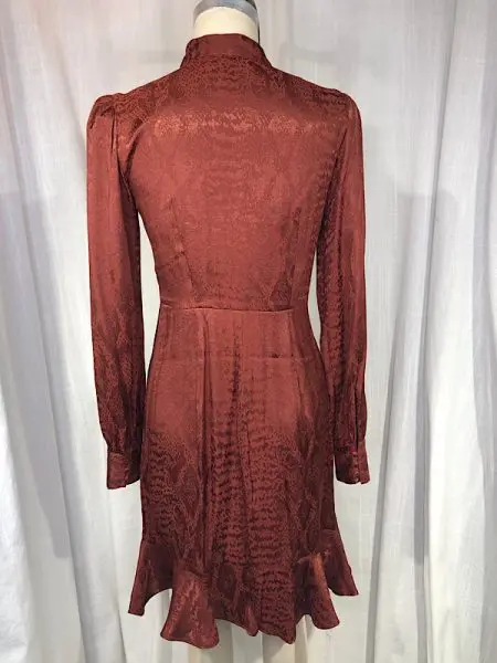 la boudoir miami vintage inspired 1970s brown snake print long sleeve dress with tie at neck (1)