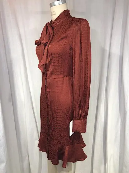 la boudoir miami vintage inspired 1970s brown snake print long sleeve dress with tie at neck (1)